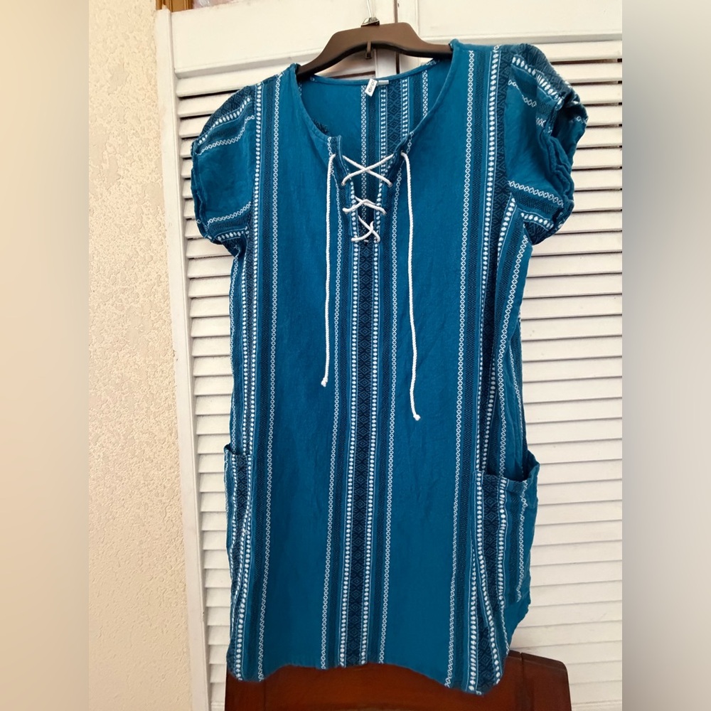 RIP CURL Teal Striped Lace-Up Short Sleeve dress/ coverup with pockets